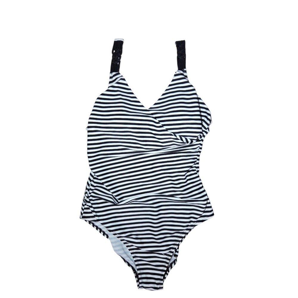 Merona Black & White Striped Crocheted Straps Shirred One-Piece Swimsuit L NWT